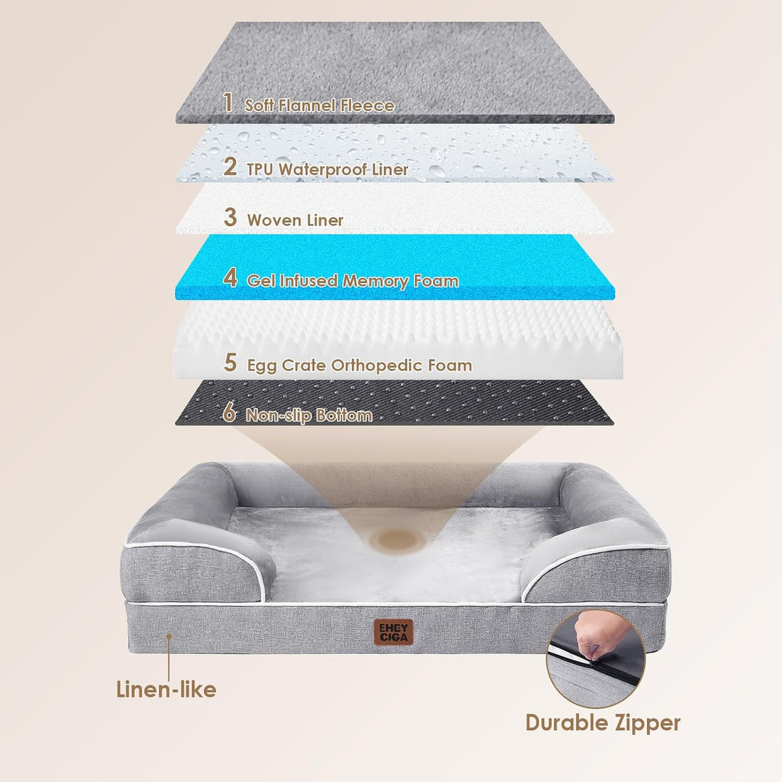 Orthopedic XL Dog Bed — 44 in, Waterproof, Washable, Grey